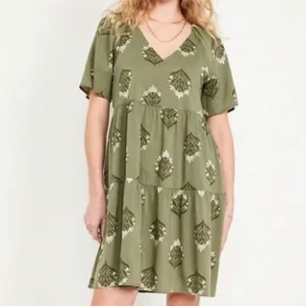 Old Navy V-Neck Mini Swing Dress, Olive Print, Size Large